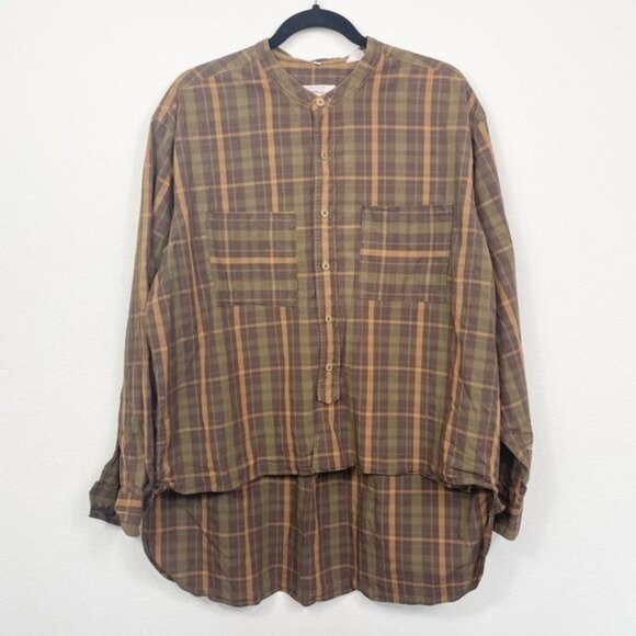 Armani Jeans Womens Oversized Plaid Button Down Shirt L Brown Cotton - Picture 2 of 8